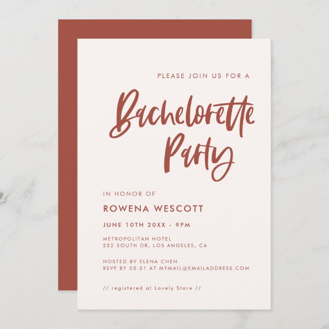 Invitación Moderna y elegante fiesta de la Bachelorette rosa  (Anverso / Reverso)