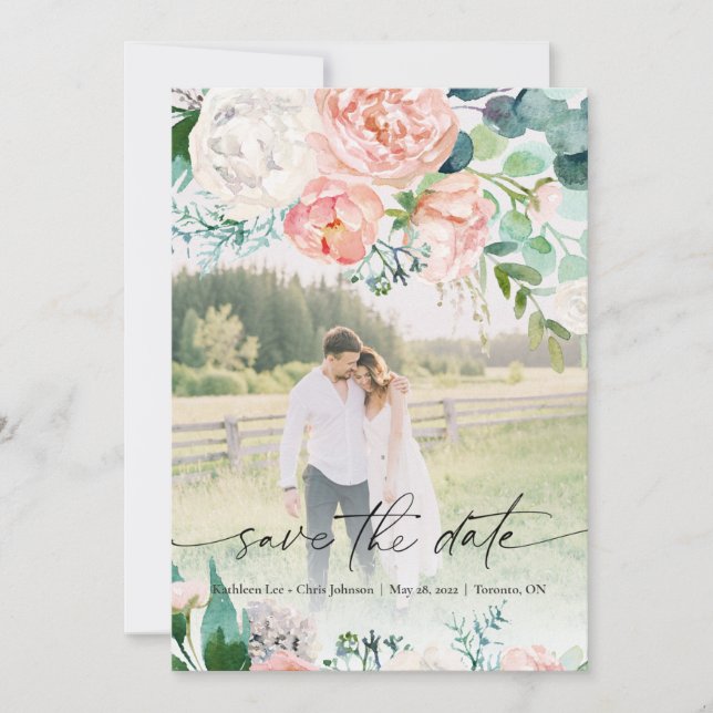 Invitación Moderna y elegante flor floral Subió la fecha (Anverso)