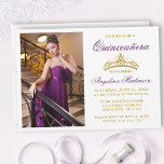 Invitación Moderna y elegante foto de la Corona de Oro Púrpur<br><div class="desc">Moderna y elegante invitación a la quinceañera con corona de oro y foto - morado</div>