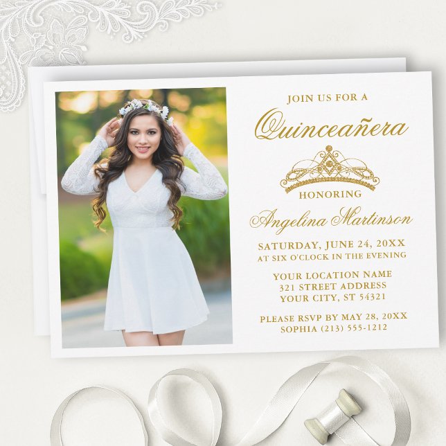 Invitación Moderna y elegante foto de la Corona de Oro Quince (Customize to change text size, style, color or to add text or more photos to back of card.)