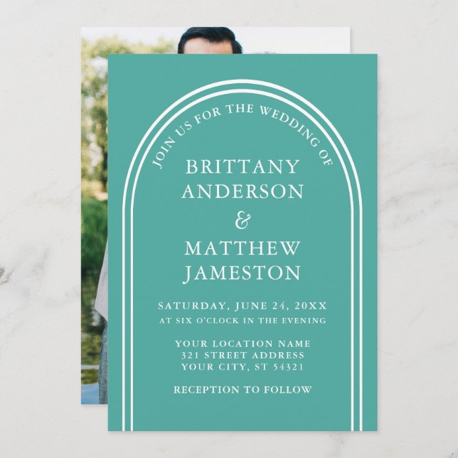 Invitación Moderna y elegante foto Verde azulada del Boda Arc (Anverso / Reverso)