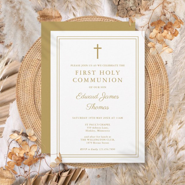 Invitación Moderna y elegante frontera de oro Primera Santa C (Modern Elegant Gold Border First Holy Communion Invitation)