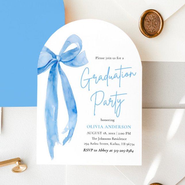 Invitación Moderna y elegante graduación de Blue Bow con arco (Subido por el creador)