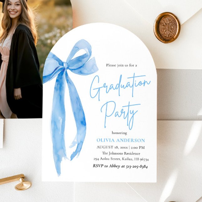Invitación Moderna y elegante graduación de Blue Bow con arco (Subido por el creador)