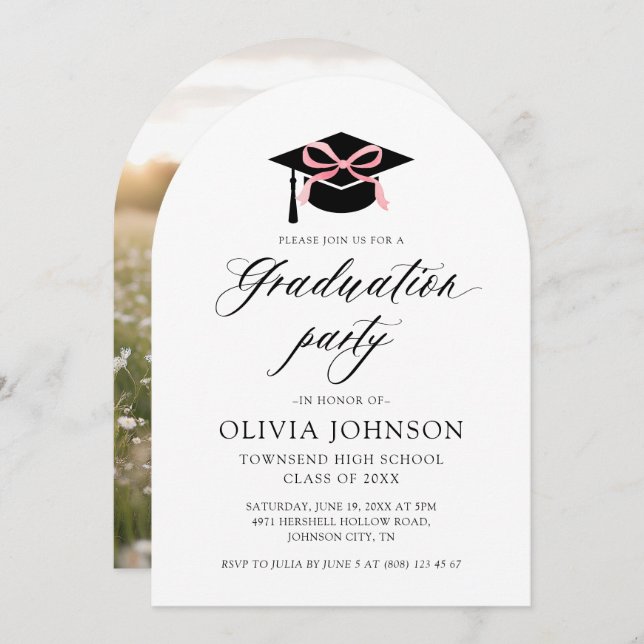 Invitación Moderna y elegante graduación de Bow Rosa (Anverso / Reverso)