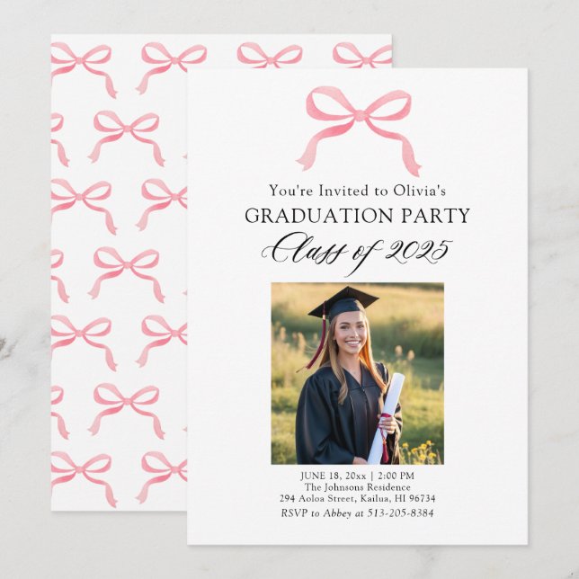 Invitación Moderna y elegante Graduación de Bow Rosa (Anverso / Reverso)