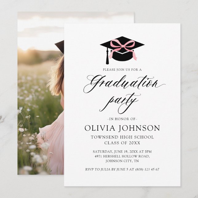 Invitación Moderna y elegante Graduación de Bow Rosa (Anverso / Reverso)