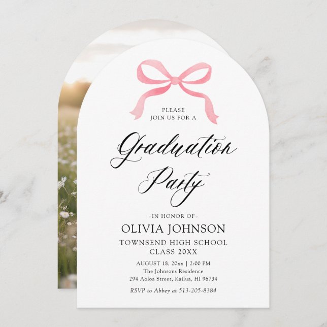 Invitación Moderna y elegante graduación de Bow Rosa (Anverso / Reverso)