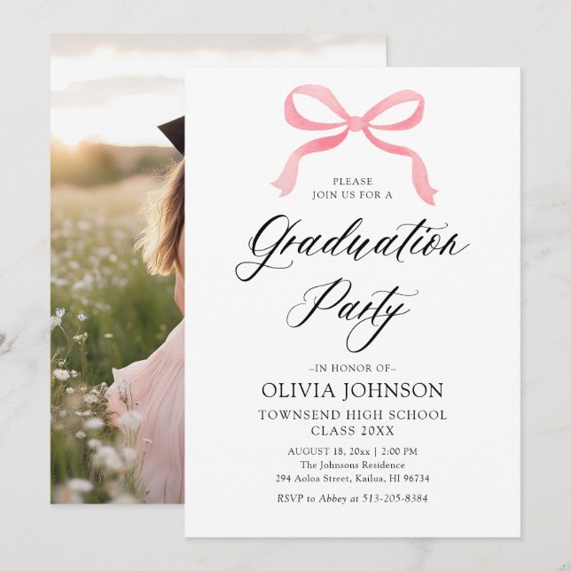 Invitación Moderna y elegante Graduación de Bow Rosa (Anverso / Reverso)