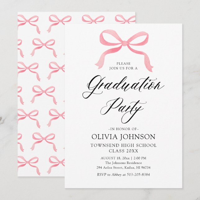Invitación Moderna y elegante Graduación de Bow Rosa (Anverso / Reverso)