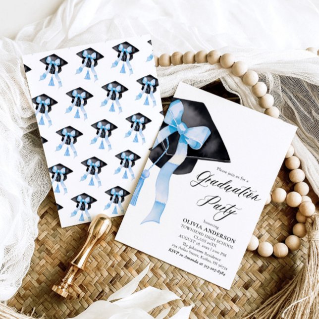 Invitación Moderna y elegante Graduación estilo Blue Bow (Watercolor Modern Elegant Trendy Stylish Blue Bow Graduation Invitation)