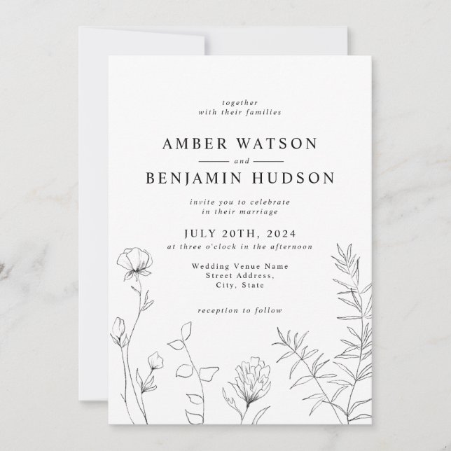 Invitación Moderna y elegante línea Art Wildflowers Boda Flor (Anverso)