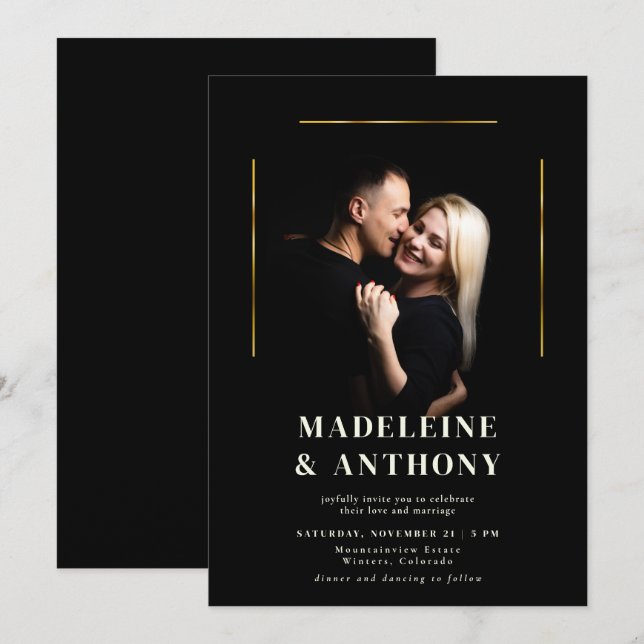 Invitación Moderna y elegante línea de oro simple Boda de fot (Anverso / Reverso)