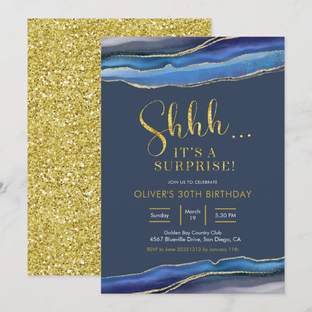 Invitación Moderna y elegante Marina Agate azul sorpresa cump (Anverso / Reverso)