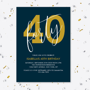 Invitación Moderna y elegante Marina Azul Oro 40 cumpleaños