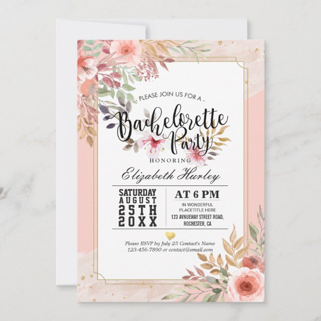 Invitación Moderna y elegante Moda Bachelorette Party Flor ro (Anverso)