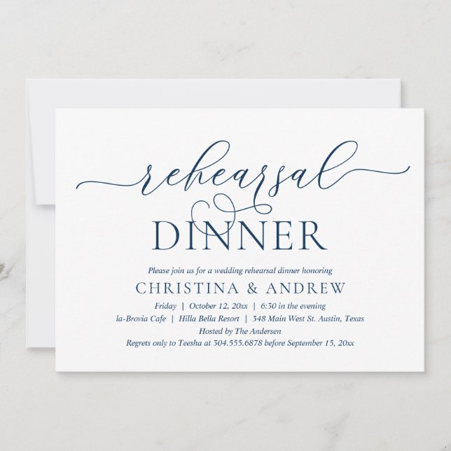 Invitación Moderna y elegante Navy Blue, Boda de la cena (Anverso)