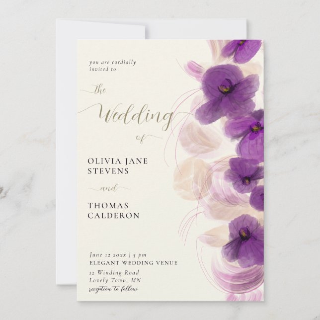 Invitación Moderna y elegante orquídeas púrpura Boda de Moda  (Anverso)