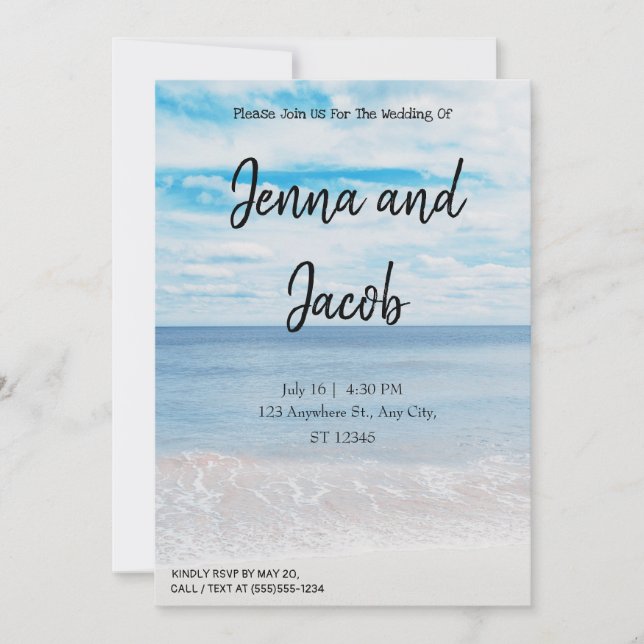 Invitación moderna y elegante para boda de playa (Anverso)