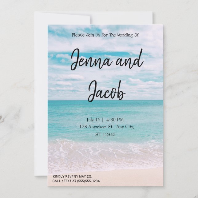 Invitación moderna y elegante para boda de playa (Anverso)