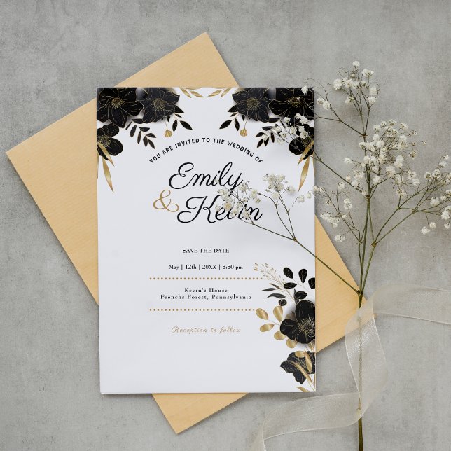Invitación Moderna y elegante Personalizado de flores negras  (Subido por el creador)