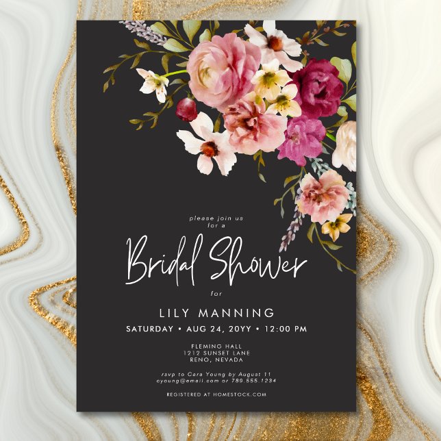 Invitación Moderna y elegante pradera Floral Black Bridal Sho (Modern Elegant Meadow Floral Black Bridal Luncheon Invitation)
