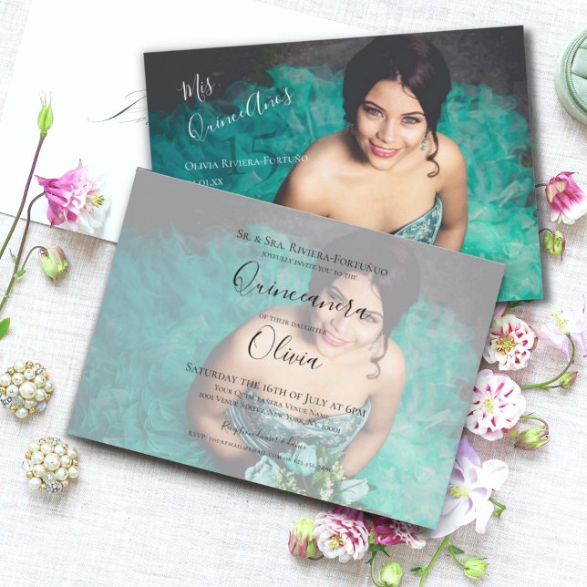 Invitación Moderna y elegante Quinceanera 15ª foto de cumplea (Front & Back - Modern Elegant Mis Quince Anos | Quinceanera 15th Birthday Landscape Photo Invitation)