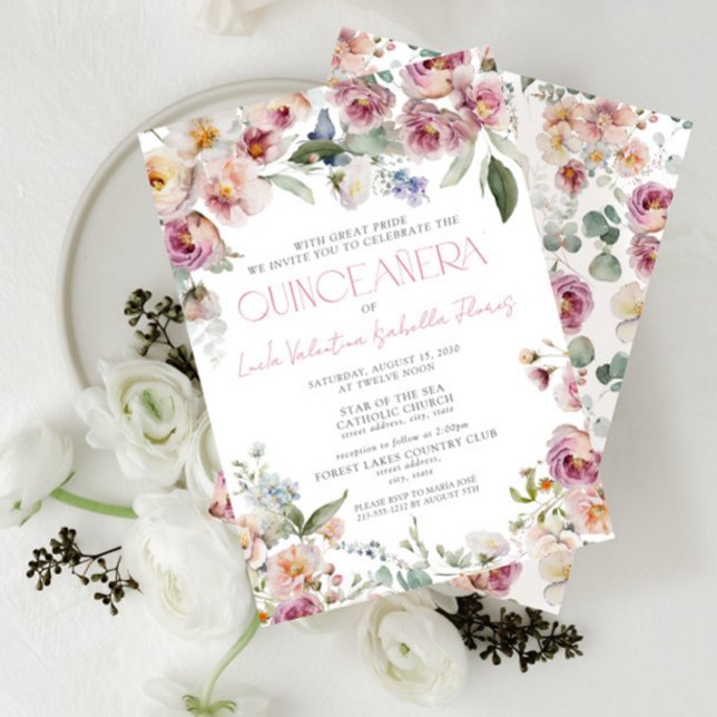 Invitación Moderna y elegante Quinceanera floral rosa y turbi (Subido por el creador)