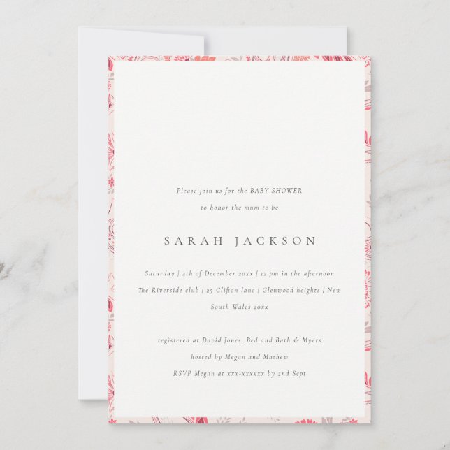 Invitación Moderna y elegante Rubor Paisley Typography Baby S (Anverso)