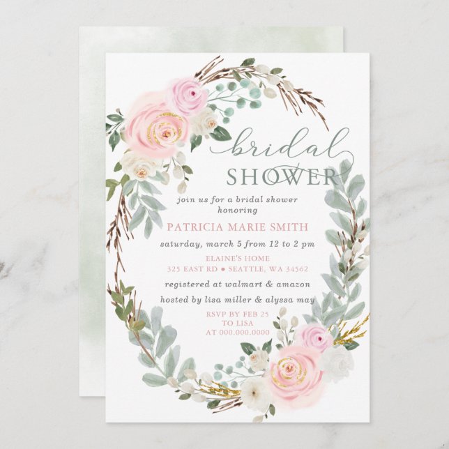 Invitación Moderna Y Elegante Sage Floral Pink Bridal Shower (Anverso / Reverso)