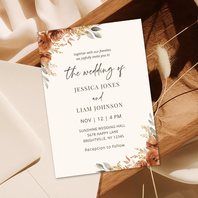 Invitación Moderna y elegante Terracota Fall Boda Floral (Modern Elegant Terracotta Fall Floral Wedding Invitation)