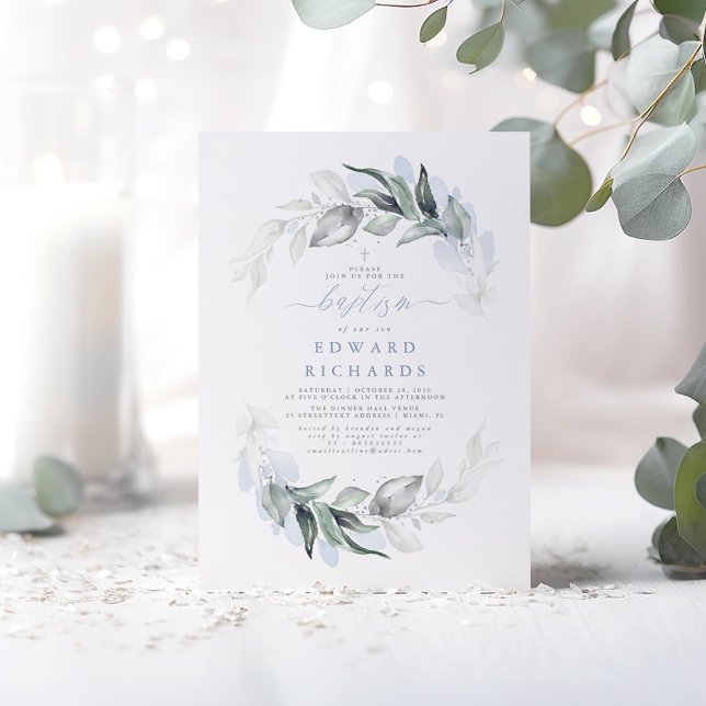 Invitación Moderna y elegante vegetación Dusty Baptismo Azul (Silver Greenery Baptism Invitations)