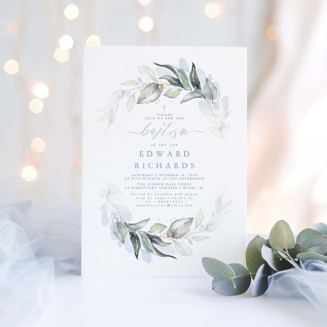 Invitación Moderna y elegante vegetación Dusty Baptismo Azul (Dusty Blue Baptism Invitations)