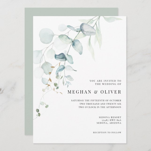 Invitación Moderna y elegante vegetación eucaliptus (Anverso / Reverso)