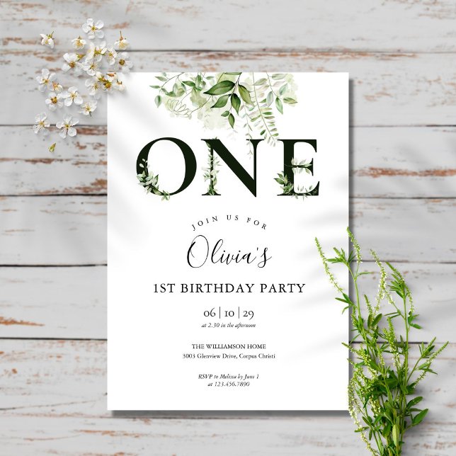 Invitación Moderna y elegante vegetación floral Primer cumple (Subido por el creador)