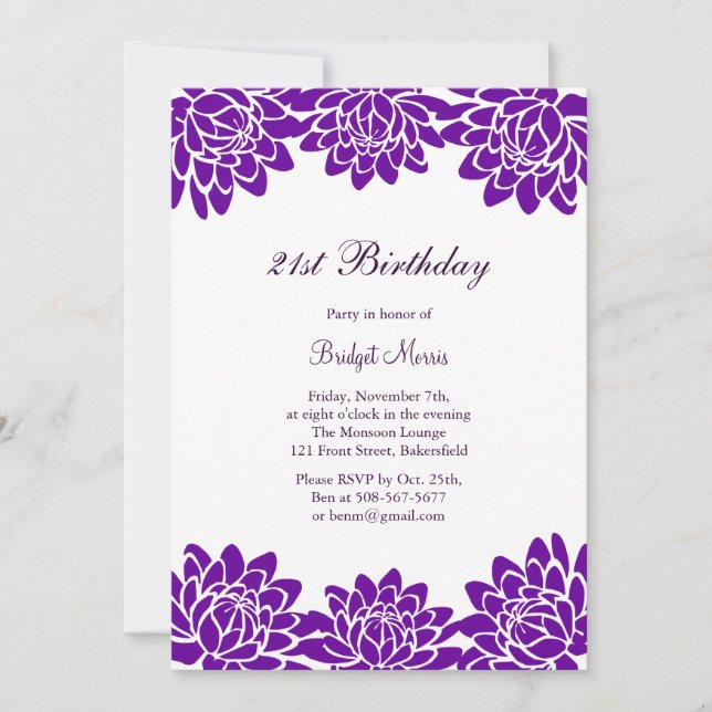 Invitación Moderna y floral 21ª fiesta de cumpleaños (Anverso)