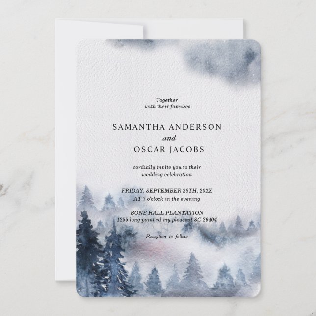 Invitación moderna y sencilla al bosque azul y bla (Anverso)