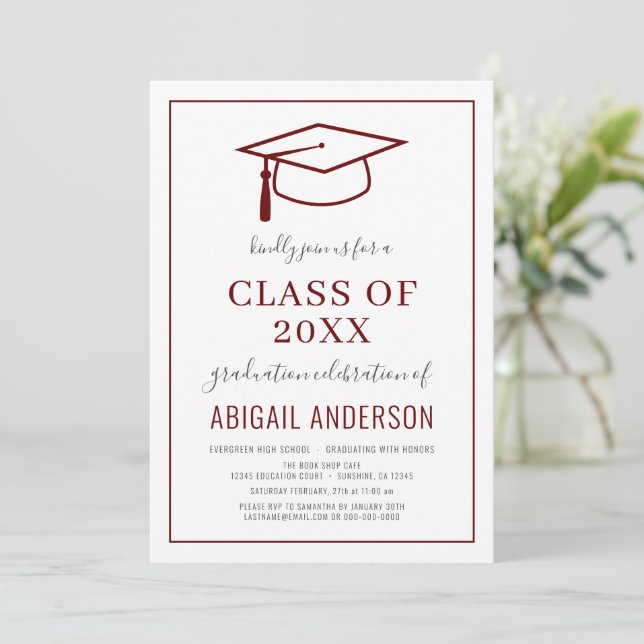 Invitación Moderna y sencilla foto de graduación 2023 Borgoña (Anverso de pie)