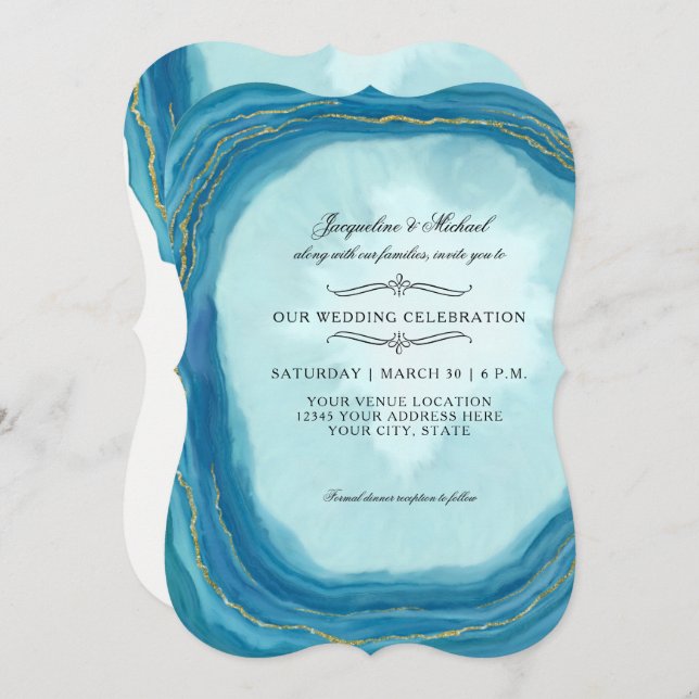 Invitación Moderna y simple agata azul Geode Typografía Gem R (Anverso / Reverso)