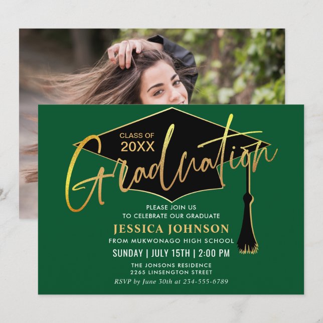 Invitación Moderna y simple fiesta de graduación Golden Green (Anverso / Reverso)
