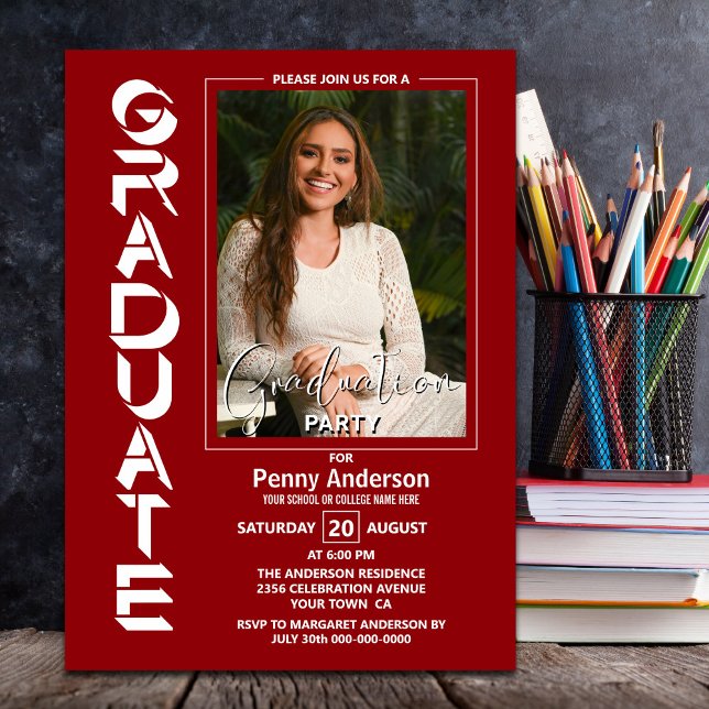 Invitación Moderna y simple fiesta de graduación roja de foto (Subido por el creador)