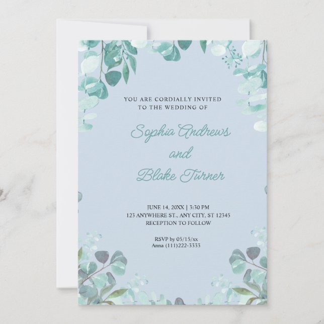 Invitación Moderna y sofisticada vegetación Boda azul enmarca (Anverso)