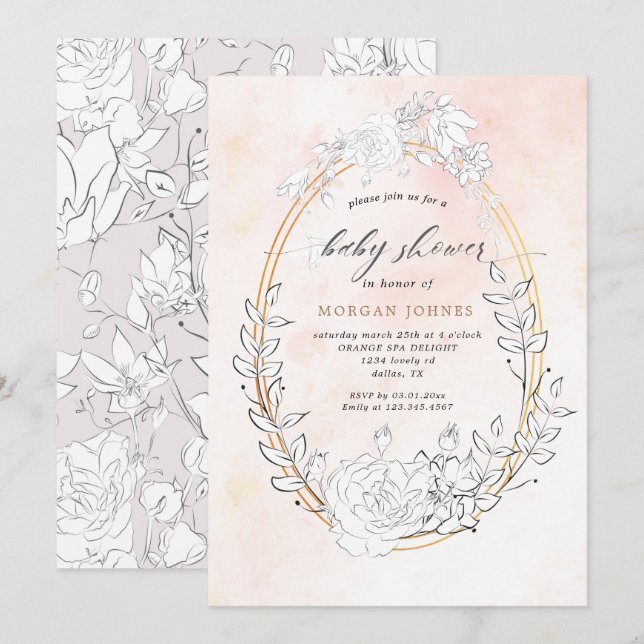 invitación moderna y sutil a la ducha de bebé flor (Anverso / Reverso)