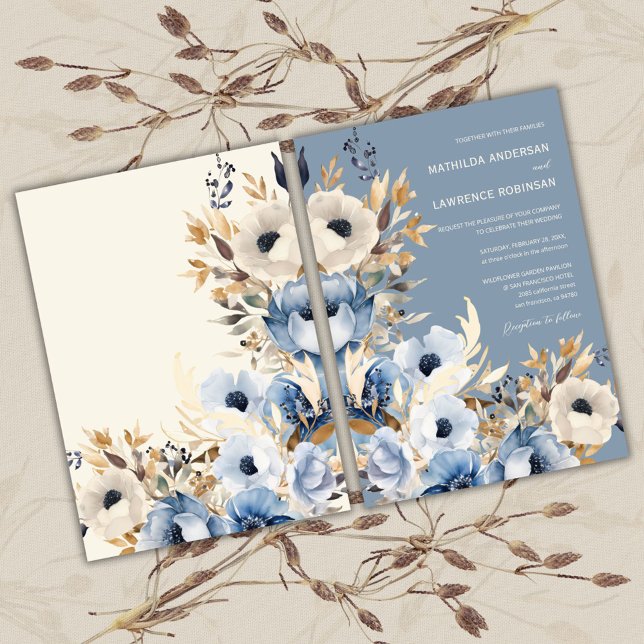 Invitación Moderna y turbia acuarela azul Floral Boda de invi (Elegant Dusty Blue Gold Floral Winter Wedding Invitation)