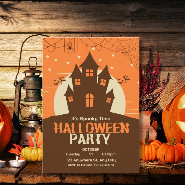 Invitación Moderna y vibrante Naranja atormentada en casa esp (Subido por el creador)