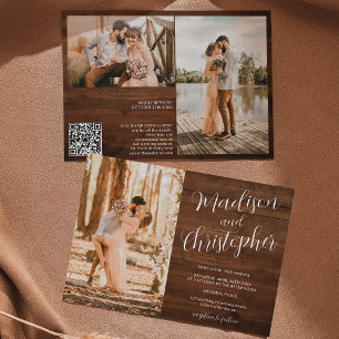 Invitación Modernas 3 fotos llaman boda Qr de madera