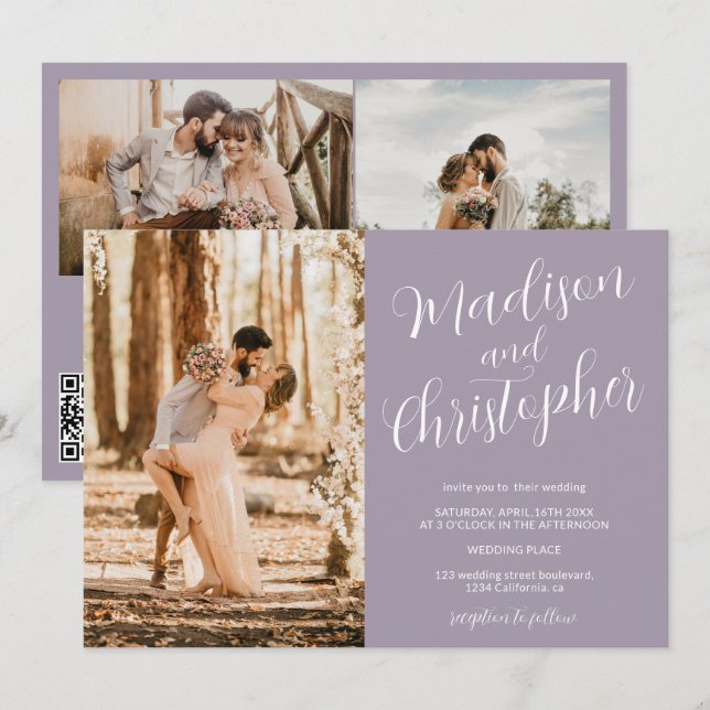 Invitación Modernas 3 fotos nombres lavender Qr boda (Anverso / Reverso)