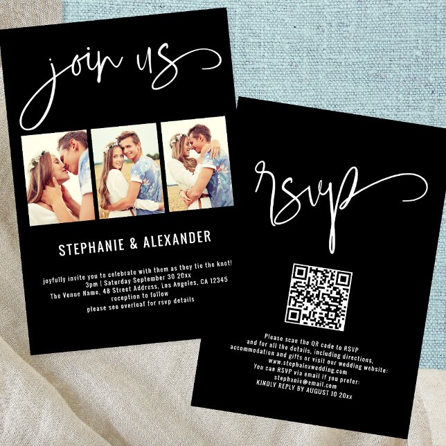 Invitación Modernas 3 fotos se unen a la Boda de guiones de E (Front and back view)