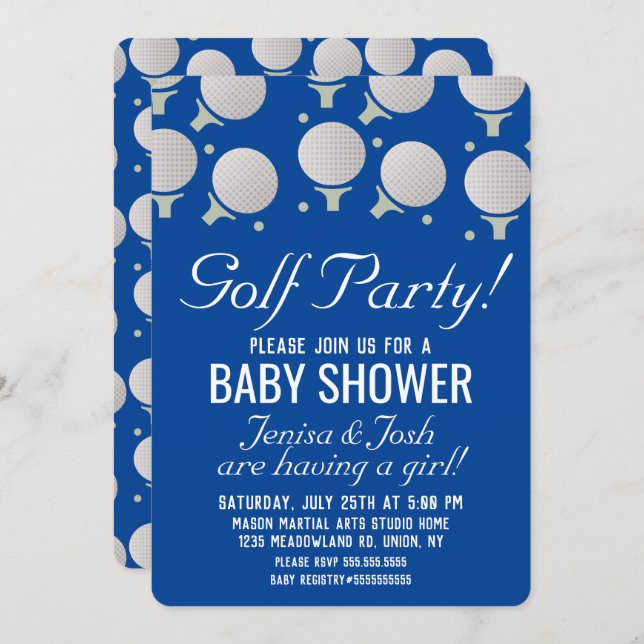 Invitación Modernas bolas de golf Baby Shower Fiesta Blue (Anverso / Reverso)