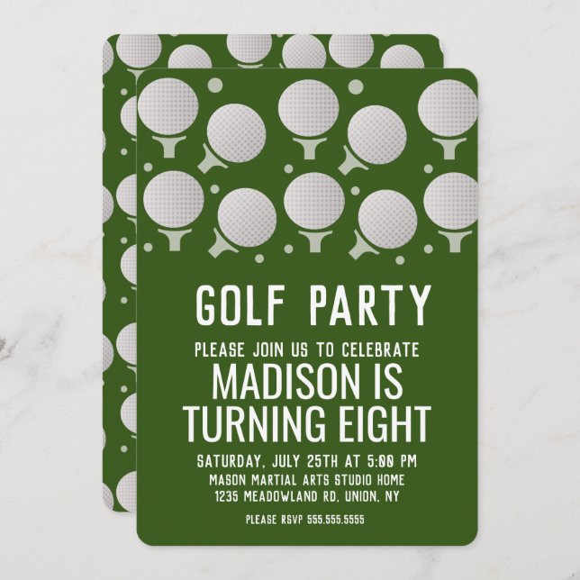 Invitación Modernas bolas de golf Fiesta de cumpleaños Verde (Anverso / Reverso)